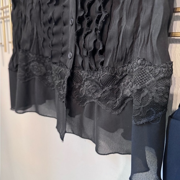 Apostrophe Petite Black Sheer Ruffle Lace Blouse M - Picture 5 of 10
